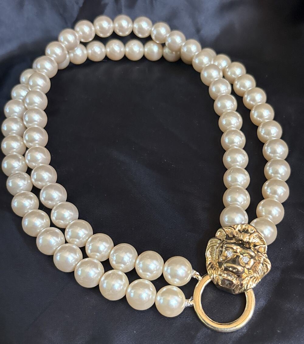 Vtg KENNETH J LANE Necklace LION Big Cat Faux Pearls KJL AVON Animal Jewelry